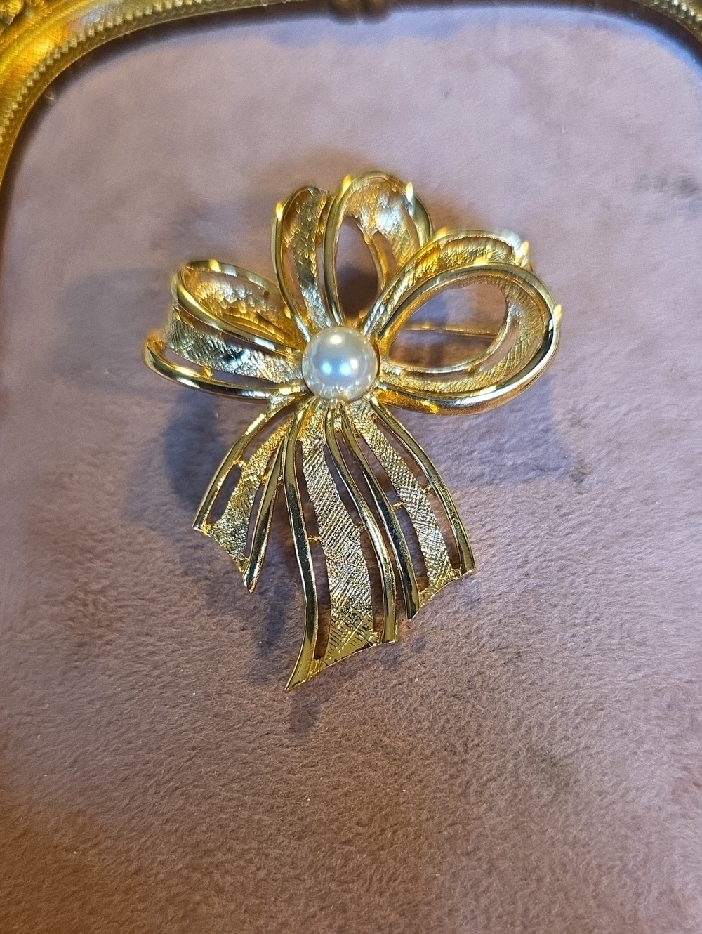 Vintage Napier Gold Tone Ribbon Bow Brooch Pin with Faux Pearl Accent